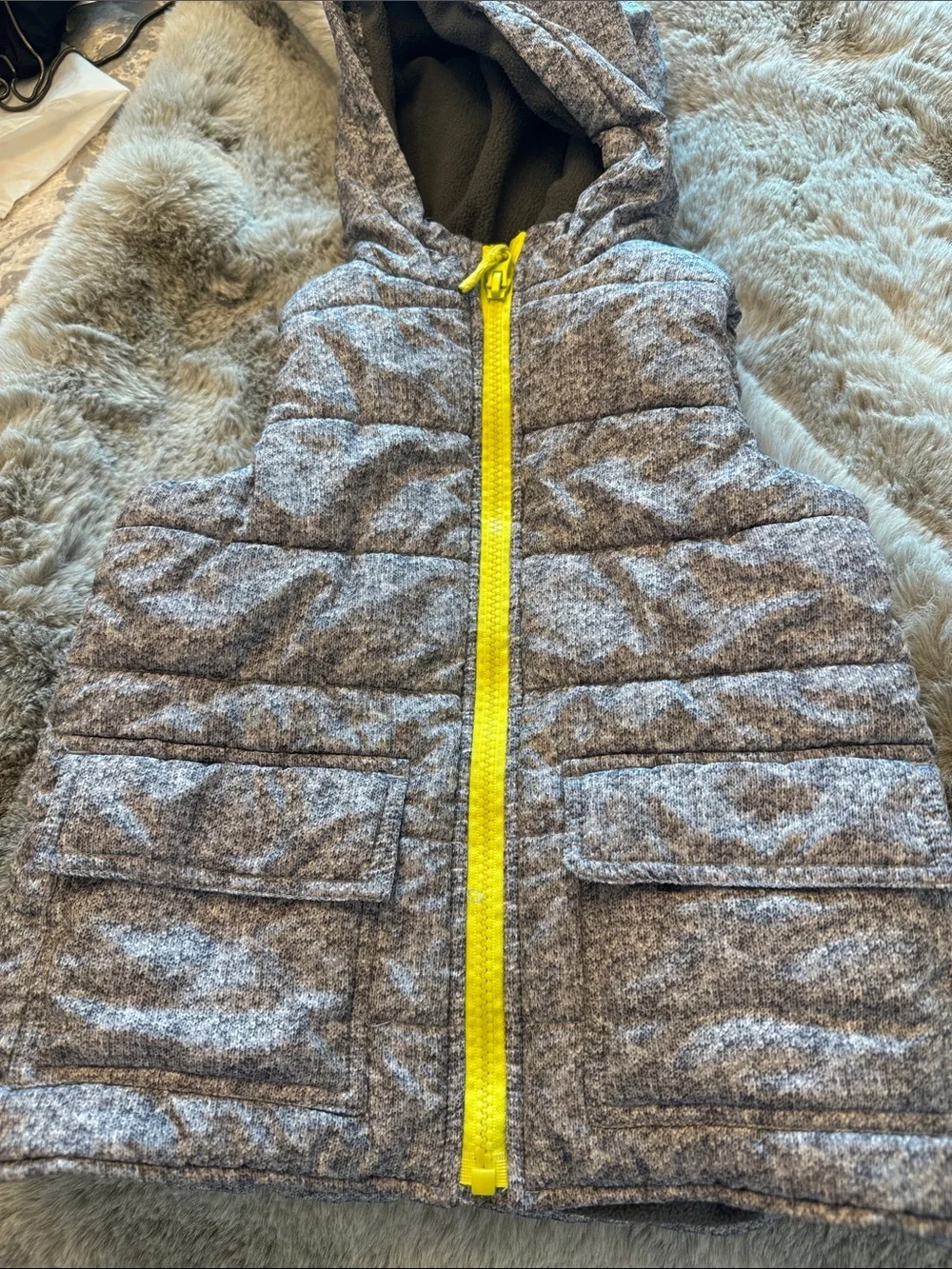 Little Me Gray Hooded Puffer Vest with Yellow Zipper